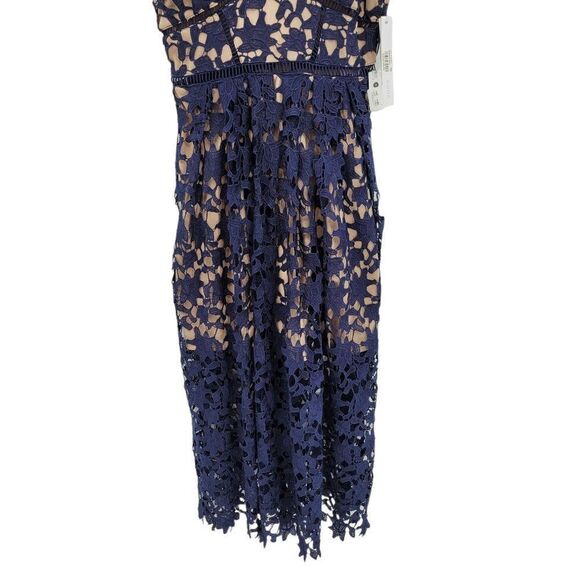 Aqua Bendita Lace Cami Midi Dress S Navy Spaghetti Fit Flare Ladder Lace Bodice - Picture 8 of 13
